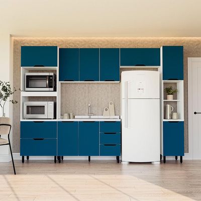 Cozinha Compacta Sem Tampo com Paneleiro Meena 10 Portas 4 Gavetas Azul e Branca
