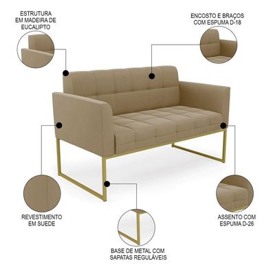 Sofá Namoradeira E 1 Poltrona Base Industrial Dourado Ana Suede Marrom Rt - Ibiza