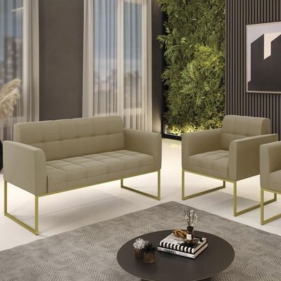Sofá Namoradeira E 1 Poltrona Base Industrial Dourado Ana Suede Marrom Rt - Ibiza