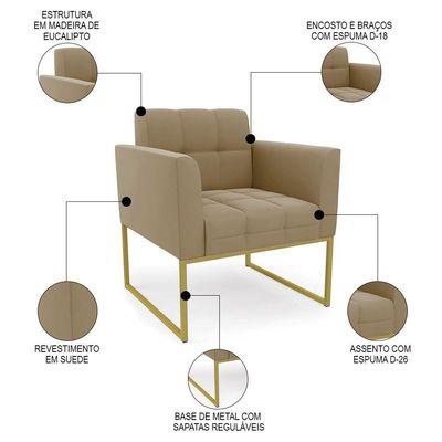 Sofá Namoradeira E 1 Poltrona Base Industrial Dourado Ana Suede Marrom Rt - Ibiza