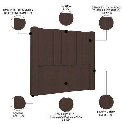 Cabeceira Casal Cama 140cm Claire I02 Veludo Marrom - Mpozenato