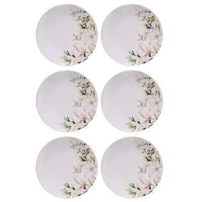 Jogo 6 Pratos de Sobremesa 21cm Tramontina Porcelana Branca Floral Magnólia