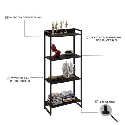 Estante Dynamica 60x30x146cm C/04 Prateleiras Preto ônix / Est.preta Preto ônix / Est.preta