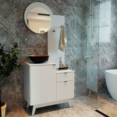 Conjunto Para Banheiro 80cm Com Espelho 2 Porta E 1 Gaveta Bn3680 Branco Tecnomobili
