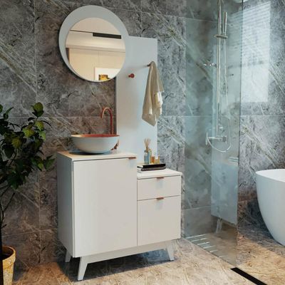 Conjunto Para Banheiro 80cm Com Espelho 2 Porta E 1 Gaveta Bn3680 Branco Tecnomobili