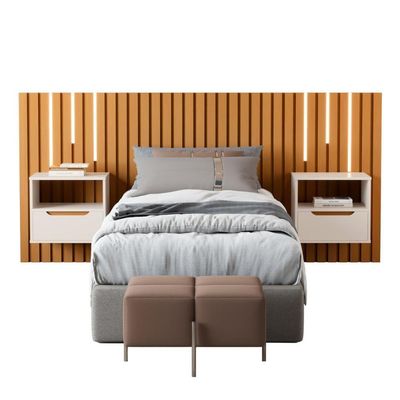 Cabeceira Ripada Cama De Solteiro Com Led Naha Nature Preto
