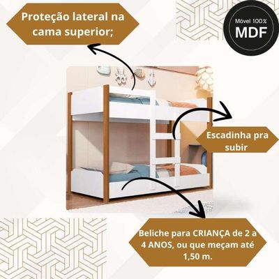 Beliche Minicama Infantil Quarto Criança Mdf Escada Grade Proteção Branco / Nature