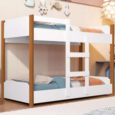 Beliche Minicama Infantil Quarto Criança Mdf Escada Grade Proteção Branco / Nature