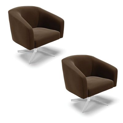Kit 02 Poltronas Giratória Stella Suede Base Cromada Marrom