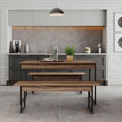 Mesa De Jantar Com 2 Bancos Estilo Industrial Tub  Nogal / Est.preta