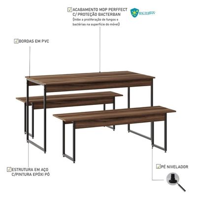 Mesa De Jantar Com 2 Bancos Estilo Industrial Tub  Nogal / Est.preta