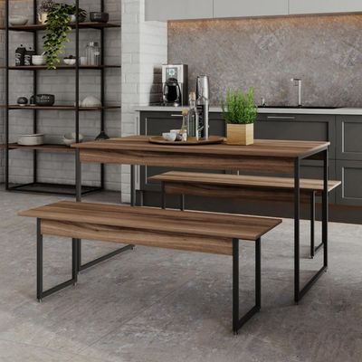 Mesa De Jantar Com 2 Bancos Estilo Industrial Tub  Nogal / Est.preta