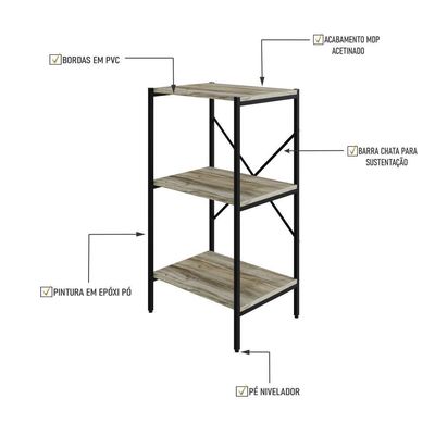 Estante C/03 Prateleiras 84x45x33cm Tub Tueh843 Carvalho - Est.preta Carvalho / Est.preta