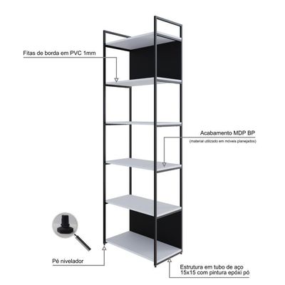 Estante Alta C/06 Prateleiras 185x60x33cm C/fundo Yon Branco Tx/est.preta Branco Tx/est.preta