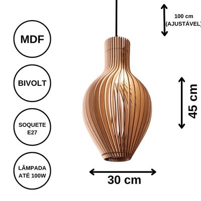 Luminária Teto Tipo Pendente Em Mdf Malvinas Completa - Preta