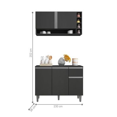 Balcão E Aéreo Para Cozinha Miami Cinza Fosco