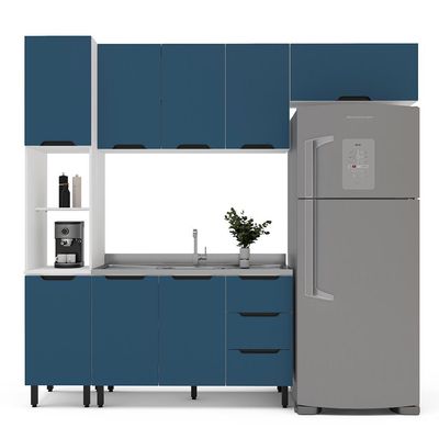 Cozinha Compacta Sem Tampo Meena 8 Portas 3 Gavetas Azul e Branca
