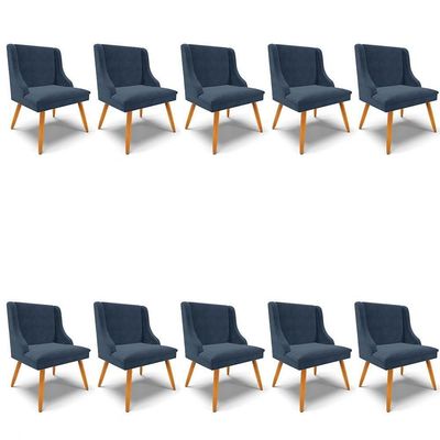 Kit 10 Cadeiras Estofadas Para Sala De Jantar Pés Palito Lia Suede Azul Marinho - Ibiza