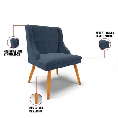 Kit 10 Cadeiras Estofadas Para Sala De Jantar Pés Palito Lia Suede Azul Marinho - Ibiza