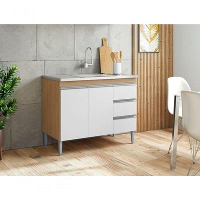 Balcão De Cozinha Para Pia Andréia 100cm 2 Portas 3 Gavetas Sem Tampo Amêndoa/Branco