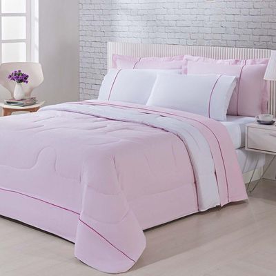 Kit Edredom 100% Algodão Percal 150 Fios Dupla Face Solteiro + Jogo De Cama 5 Peças - Rosa-branco