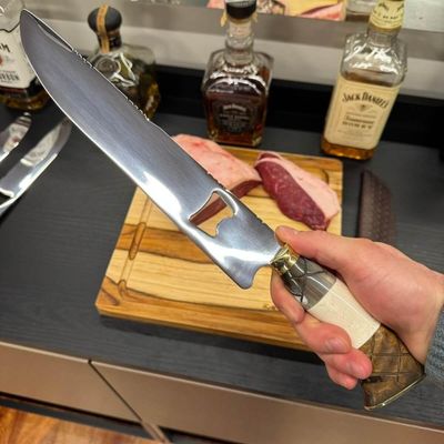 Faca Artesanal 10' Churrasco Abridor Garrafas Cabo Misto Inox 420c Madeira Osso Resina