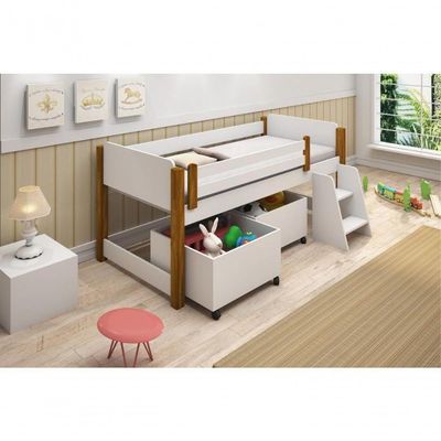 Cama Alta Juvenil Paty Com Nichos Branco E Mel Com Colchão