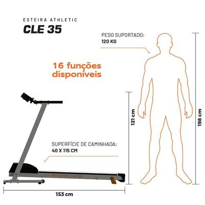 Esteira Elétrica Athletic CLE 35 13km/h 120kg Dobrável 16 Funções Incline Manual Treino Em Casa Bivolt