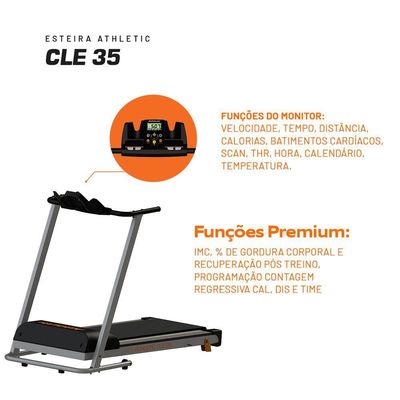 Esteira Elétrica Athletic CLE 35 13km/h 120kg Dobrável 16 Funções Incline Manual Treino Em Casa Bivolt