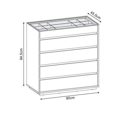 Cômoda Belize Versátile Com 5 Gavetas E Organizador Tampo De Vidro 90cm Branco