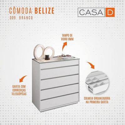 Cômoda Belize Versátile Com 5 Gavetas E Organizador Tampo De Vidro 90cm Branco