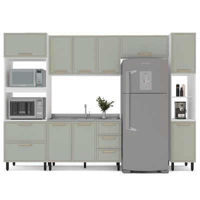 Cozinha Compacta Sem Tampo com Paneleiro Amara 10 Portas 4 Gavetas Verde e Branca