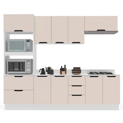 Cozinha Completa com Tampo e Rodapé Meena 10 Portas 4 Gavetas Creme e Branca