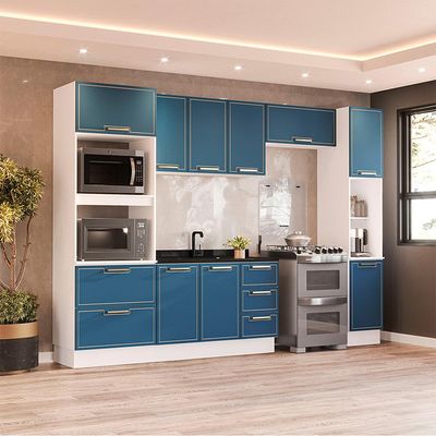 Cozinha Compacta Sem Tampo com Rodapé e Paneleiro Amara 10 Portas 4 Gavetas Azul e Branca