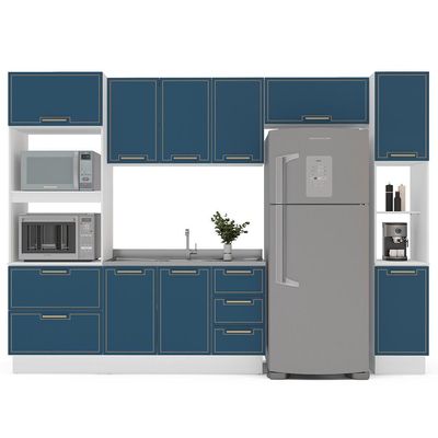 Cozinha Compacta Sem Tampo com Rodapé e Paneleiro Amara 10 Portas 4 Gavetas Azul e Branca