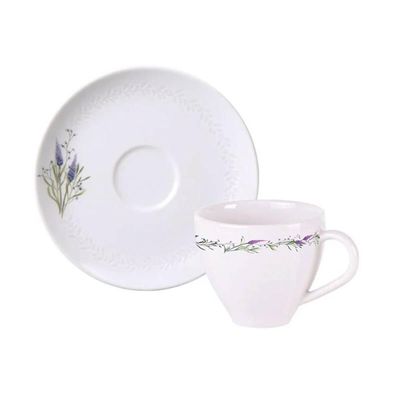 Conjunto Xícara de Café e Pires 100ml Porcelana Tramontina Lilla Branca Decorada