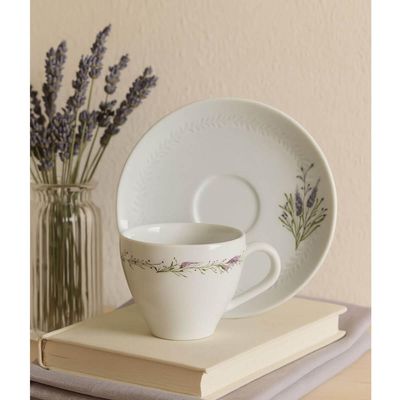 Conjunto Xícara de Café e Pires 100ml Porcelana Tramontina Lilla Branca Decorada