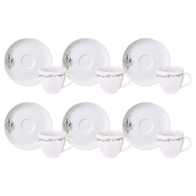 Jogo 6 Xícaras de Café com Pires Porcelana 100ml Tramontina Lilla Branca Decorada