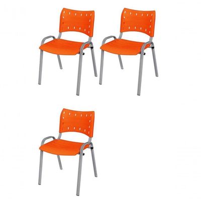 Cadeira Iso Base Cinza, Igreja, Escola, Escritório - Laranja Kit 3 Peças