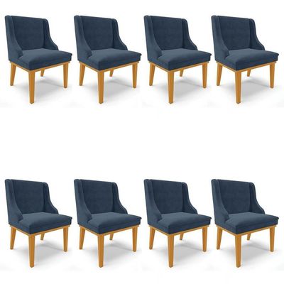 Kit 8 Cadeiras Estofadas Para Sala De Jantar Base Fixa De Madeira Castanho Lia Suede Azul Marinho - Ibiza