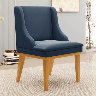 Kit 8 Cadeiras Estofadas Para Sala De Jantar Base Fixa De Madeira Castanho Lia Suede Azul Marinho - Ibiza