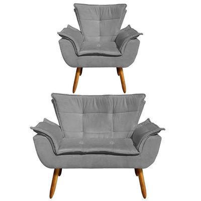 Kit Namoradeira 2 Lugares E 1 Poltrona Decorativa Pés Palito Opla Suede Grafite - Ibiza