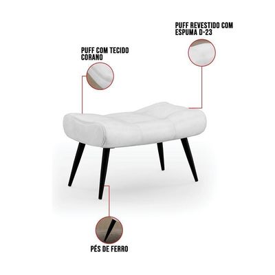 Kit 2 Puffs Decorativos Para Sala De Estar Pés Palito Lord Sintético Branco - Ibiza