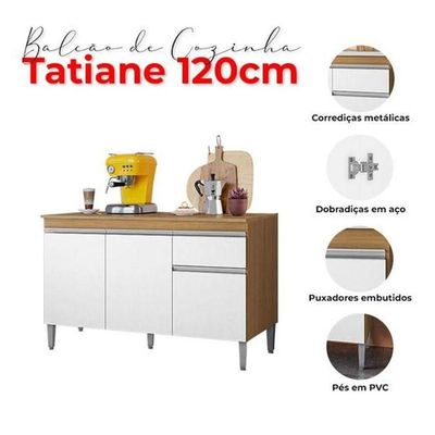Balcão De Cozinha 120cm Tatiane 3 Portas 1 Gaveta Com Tampo Amêndoa/Branco