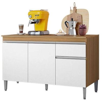 Balcão De Cozinha 120cm Tatiane 3 Portas 1 Gaveta Com Tampo Amêndoa/Branco