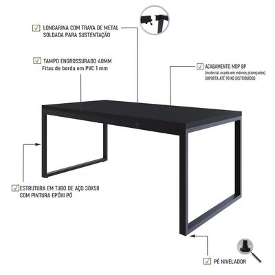 Mesa De Jantar Yon 180 X 90 X 76 Cm Preto Tx/est.preta Preto Tx/est.preta
