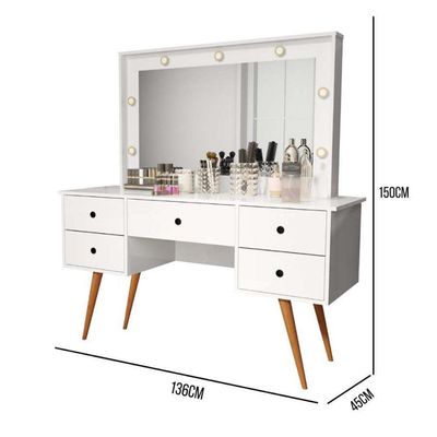 Penteadeira Camarim Bancada Maquiagem 100% Mdf Espelho Led 5 Gavetas Pés Palito Retrô Branco