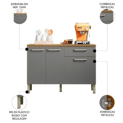 Balcão De Cozinha Com Tampo 120cm Louis K02 Freijó-gris - Mpozenato
