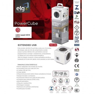 Powercube Extended Pwc-x4u Elg Cinza 4 Tomadas Com Cabo 1,5m