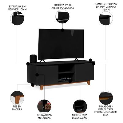 Rack Para Sala Bancada De 55 Pol 139cm Flow Preto - Ej Móveis